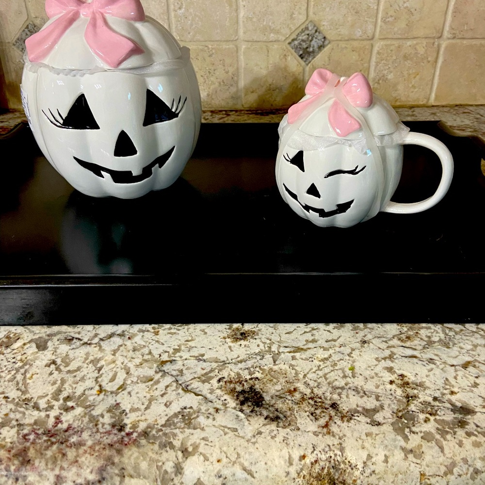White and Pink Coquette Bow Pumpkin Mug and Cookie Jar Set